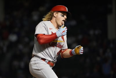 Harrison Bader of the St. Louis Cardinals looks on during the game