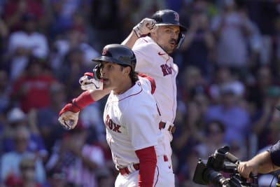 Boston Red Sox leadoff batter Mookie Betts doubles in the first inning