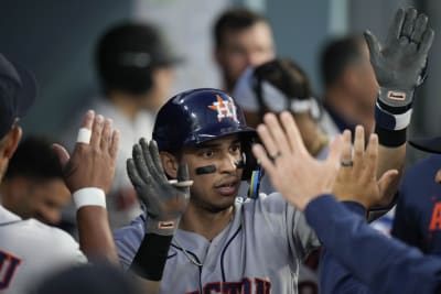 Los Angeles, United States. 23rd June, 2023. Houston Astros Mauricio Dubon  is greeted by Alex Bragman (2) after hitting a solo home run off Los  Angeles Dodgers starting pitcher Emmet Sheehan during