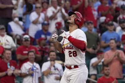 St. Louis Cardinals' Andrew Knizner hits a two-run single during