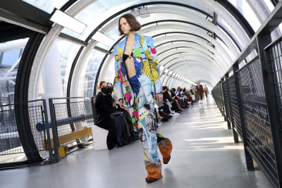 A model wears a creation as part of the Louis Vuitton Ready To Wear  Fall/Winter 2022-2023 fashion collection, unveiled during the Fashion Week  in Paris, Monday, March 7, 2022. (Photo by Vianney