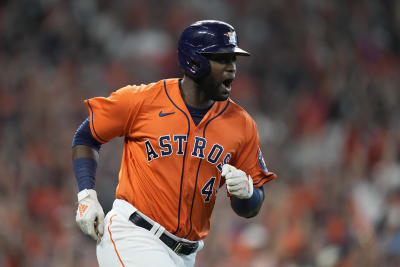 Houston, USA. 15th Oct, 2021. Houston Astros first baseman Yuli Gurriel  gestures after hitting a single in the 2nd inning in game one of the MLB  ALCS against the Boston Red Sox