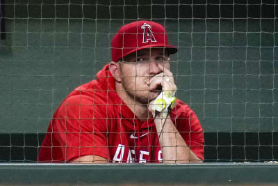 Los Angeles Dodgers' Mookie Betts, left, and Freddie Freeman laugh during  the fourth inning in the continuation of a suspended baseball game against  the Cleveland Guardians, Thursday, Aug. 24, 2023, in Cleveland.