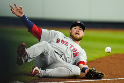 Boston Red Sox second baseman Trevor Story (10) reacts as he is hit by a  pitch during ninth inning MLB baseball action against Toronto Blue Jays in  Toronto on Wednesday, April 27