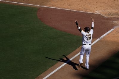 San Diego Padres' Luis Urias watches his foul ball while batting during the  second inning of a baseball game against the Tampa Bay Rays Monday, Aug.  12, 2019, in San Diego. (AP