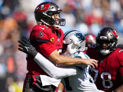 October 23, 2022: Tampa Bay Buccaneers quarterback Tom Brady (12) throws in  the first quarter of the NFL matchup in Charlotte, NC. (Scott Kinser/Cal  Sport Media/Sipa USA)(Credit Image: © Scott Kinser/Cal Sport