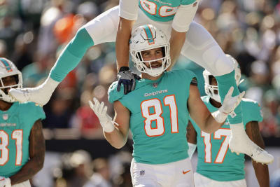 East Rutherford, New Jersey, USA. 9th Oct, 2022. Miami Dolphins quarterback  Teddy Bridgewater (5) is tackled by New York Jets cornerback Sauce Gardner  (1) in the end zone and called for a