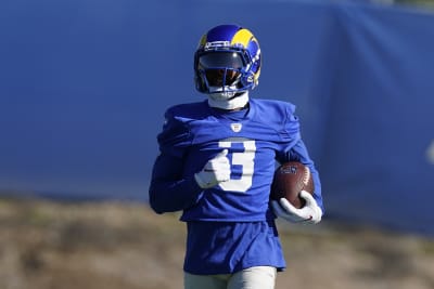 Los Angeles Rams wide receiver Odell Beckham Jr. catches a pass during  practice for an NFL Supe …