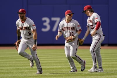 Arizona Diamondbacks' David Peralta (6) talks with Diamondbacks