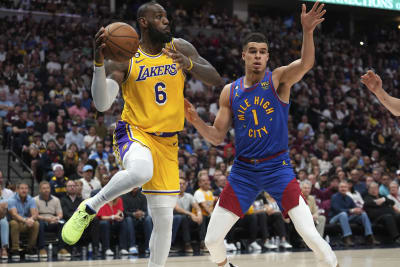 View of shoes worn by Denver Nuggets guard Jamal Murray (27) before game  two against the Los Angeles Lakers in the Western Conference Finals for the  2023 NBA playoffs at Ball Arena.