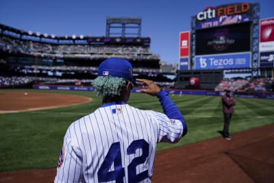 Francisco Lindor #12 - Game Used Jackie Robinson Day Jersey and Hat - 2-3,  2 HR's, 2 BB's, 3 RBI's and 3 Runs Scored - Mets vs. Diamondbacks - 4/15/22