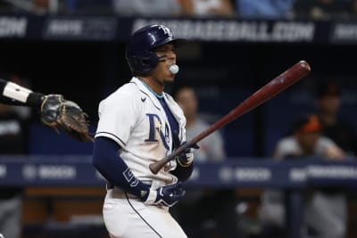 Tampa Bay Rays' Randy Arozarena reacts after hitting a double against the  New York Yankees during the third inning of a baseball game Saturday, Aug.  26, 2023 in St. Petersburg, Fla. (AP