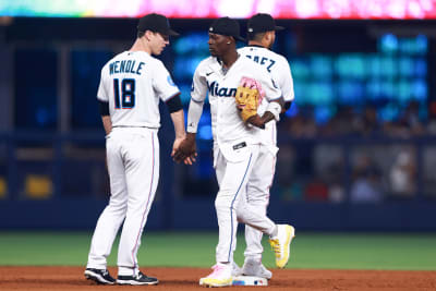 Jazz Chisholm Jr. #2 of the Miami Marlins looks on prior to a game