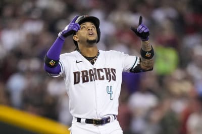 Arizona Diamondbacks' Ketel Marte walks back to the dugout after striking  out against the Los Angeles Dodgers during the first inning of a baseball  game Thursday, April 6, 2023, in Phoenix. (AP