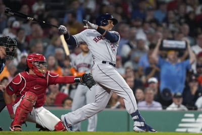 Yordan Alvarez of the Houston Astros doubles in the fourth inning