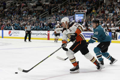 Anaheim Ducks defenseman Chris Pronger warms up before facing the