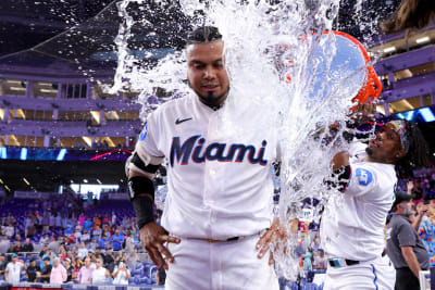 Miami Marlins' Jean Segura (9) hits a single to score the winning