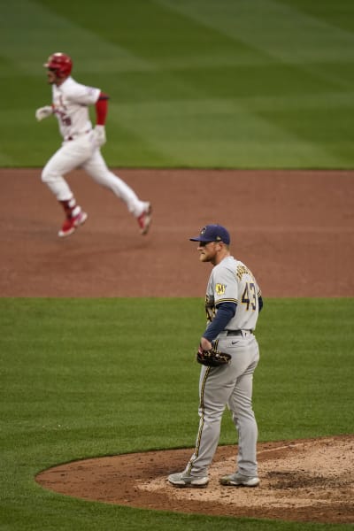 Nolan Arenado of the St. Louis Cardinals rounds bases after hitting a