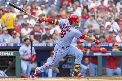 St. Louis, United States. 19th July, 2023. St. Louis Cardinals Nolan Gorman  (L) is congratulated at home plate by Lars Nootbaar after hitting a three  run home run in the first inning