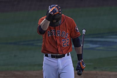 Oakland Athletics' Josh Reddick reacts after grounding out to