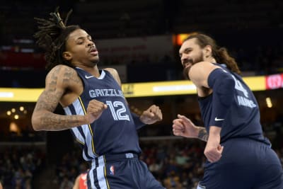 Ja Morant of the Memphis Grizzlies reacts to play against the