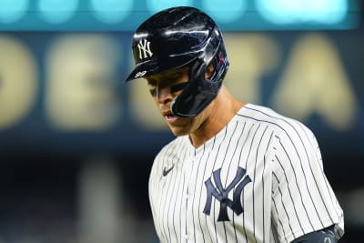 Estevan Florial of the New York Yankees celebrates in the dugout