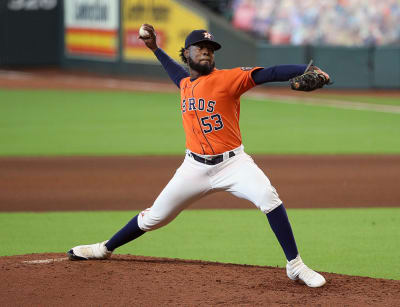 Houston Astros starting pitcher Cristian Javier (53) in the top of