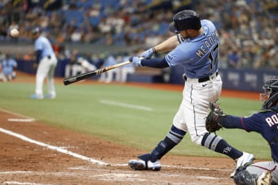 ST. PETERSBURG, FL - MAY 18: Tampa Bay Rays infielder Isaac Paredes (17)  throws the ball over to first base during the MLB regular season game  between the Detroit Tigers and the