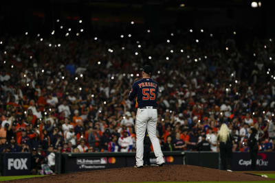 Philadelphia Phillies starting pitcher Ranger Suarez walks to the dugout  during the first inning in Game 3 of baseball's World Series between the  Houston Astros and the Philadelphia Phillies on Tuesday, Nov.