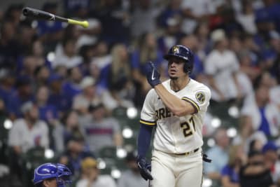 Luis Urias of the Milwaukee Brewers bats against the Chicago Cubs