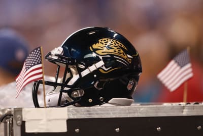 Jacksonville Jaguars players helmets on the sidelines during NFL