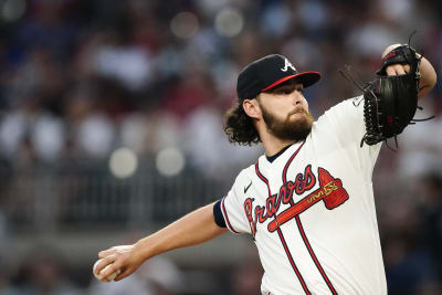 Atlanta Braves pitcher Ian Anderson (36) tosses a pitch during the start of  Major League Baseball