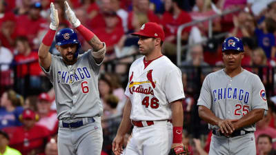 ST. LOUIS, MO - MAY 22: Chicago Cubs first baseman Anthony Rizzo (44)  during a Major League Baseball game between the Chicago Cubs and the St.  Louis Cardinals on May 22, 2021