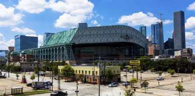 Wide angle view of Minute Maid Park showing downtown Houston