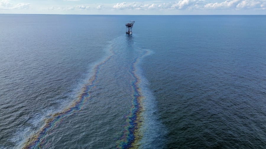 A massive oil sheen seen for miles extends from an offshore drilling platform 12 miles off the coast of Galveston, Texas in the Gulf of Mexico on July 19, 2024.