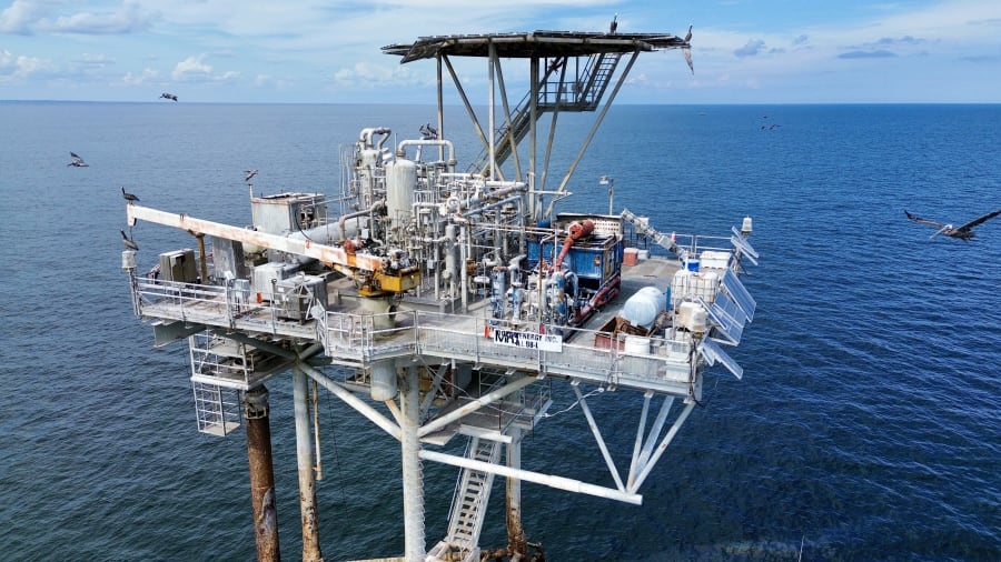 A massive oil sheen seen for miles extends from an offshore drilling platform 12 miles off the coast of Galveston, Texas in the Gulf of Mexico on July 19, 2024.