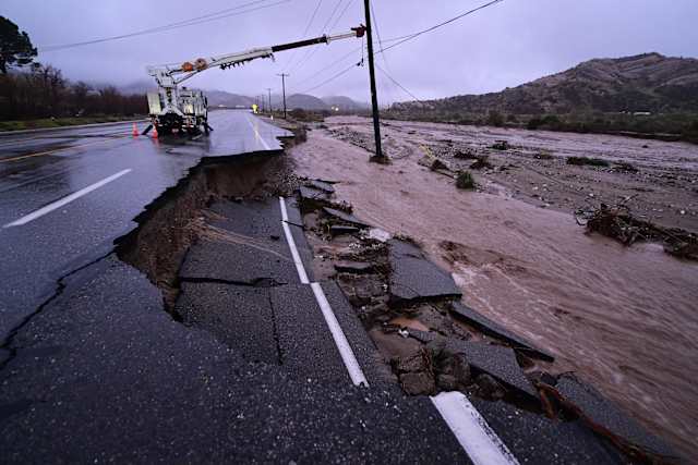 Mud and debris covering a road in Wrightwood, California