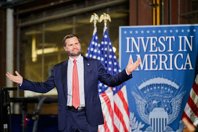 Vance campaigns at the Ohio steel plant where his grandfather worked