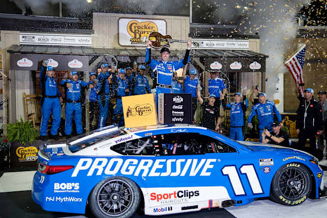 Denny Hamlin storms back from a pole-start penalty to win at Nashville  Superspeedway
