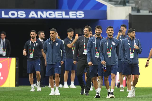 Iranian Americans protesting outside Los Angeles Stadium before World Cup match