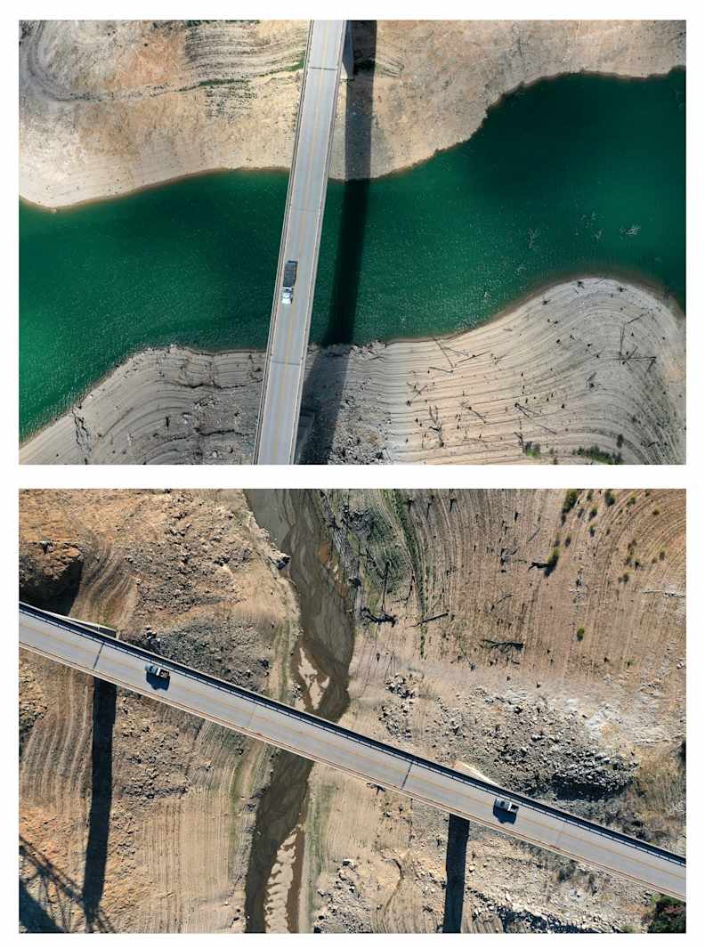 In this before-and-after composite image:
The top photo shows a truck driving on the Enterprise Bridge over a section of Lake Oroville on April 27, 2021. Four years after then-California Gov. Jerry Brown signed an executive order to lift California's drought emergency, the state has re-entered a drought emergency with water levels dropping in the state's reservoirs. 
In the bottom image, the Enterprise Bridge crosses over a section of Lake Oroville that was previously underwater on July 22, 2021.