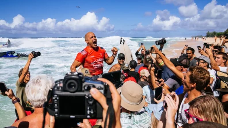 HALEIWA, HAWAII - FEBRUARY 5: Eleven-time WSL Champion Kelly Slater of the United States after winning the Final at the Billabong Bro Pipeline on February 5, 2022 in Haleiwa, Hawaii.