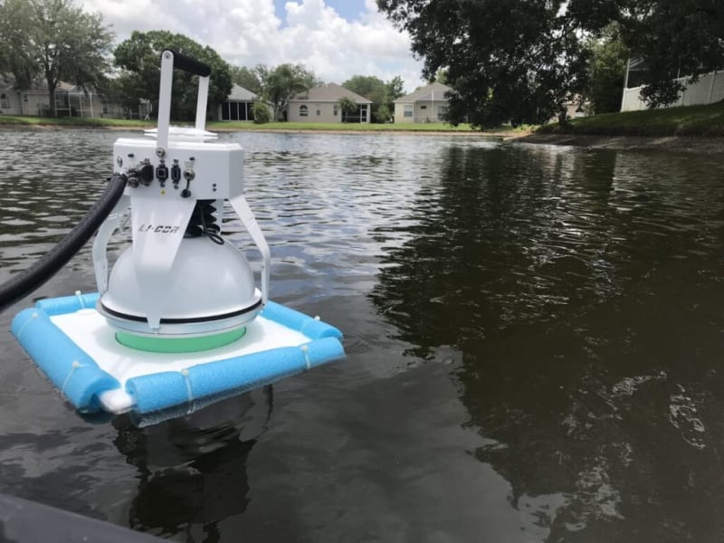 A floating chamber used to capture and measure gasses as they’re emitted from the water.