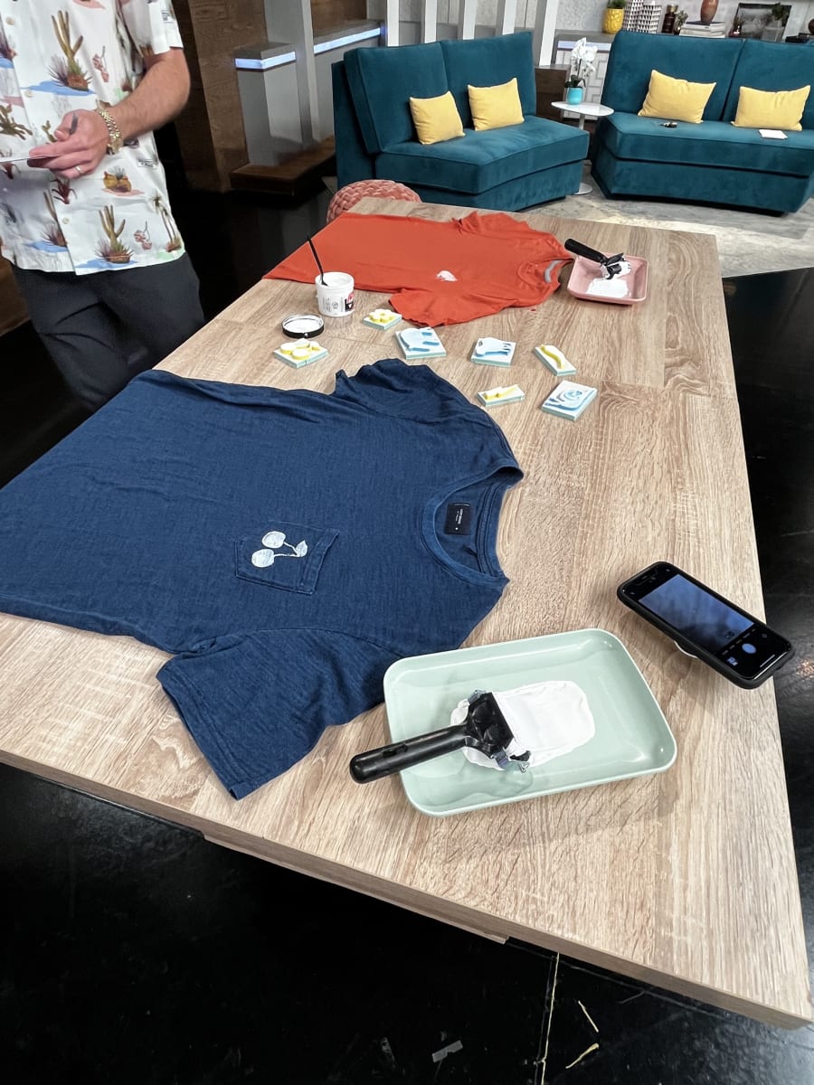 Setup for block printing shirts.