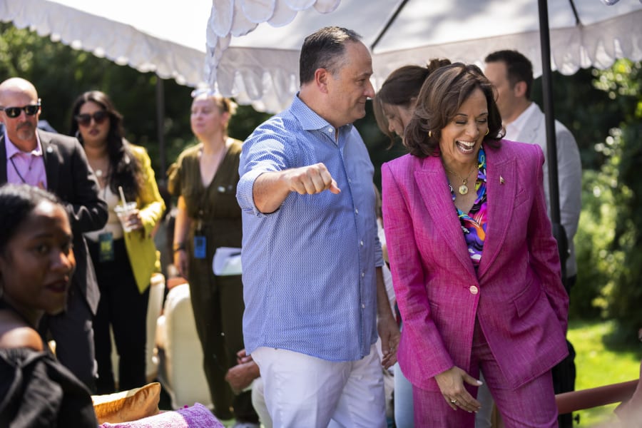 Vice President Kamala Harris with her husband Doug Emhoff attend a 50th anniversary celebration of hip-hop at the Vice President's residence, Saturday, Sept. 9, 2023, in Washington. (AP Photo/Manuel Balce Ceneta)