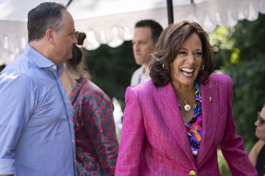 Vice President Kamala Harris with her husband Doug Emhoff attend a 50th anniversary celebration of hip-hop at the Vice President's residence, Saturday, Sept. 9, 2023, in Washington. (AP Photo/Manuel Balce Ceneta)