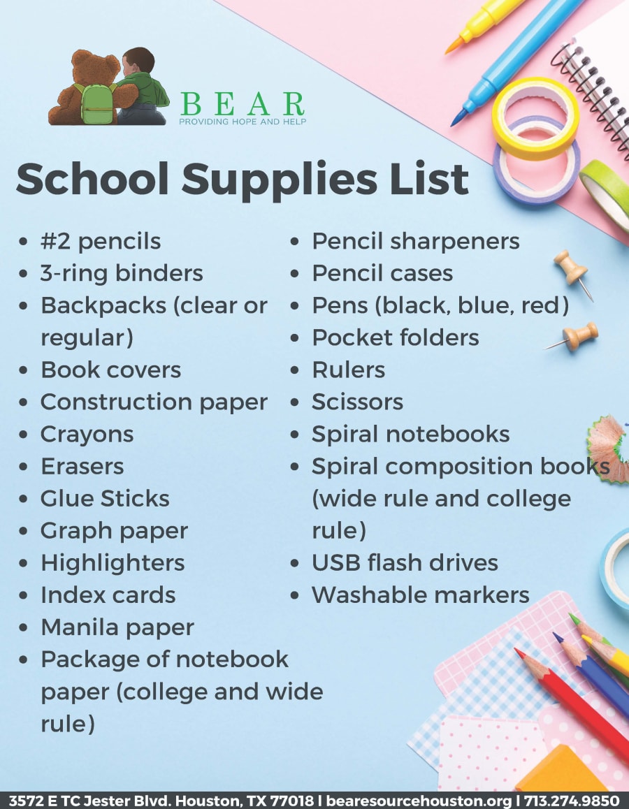 BEAR School Supply Drive wish list items