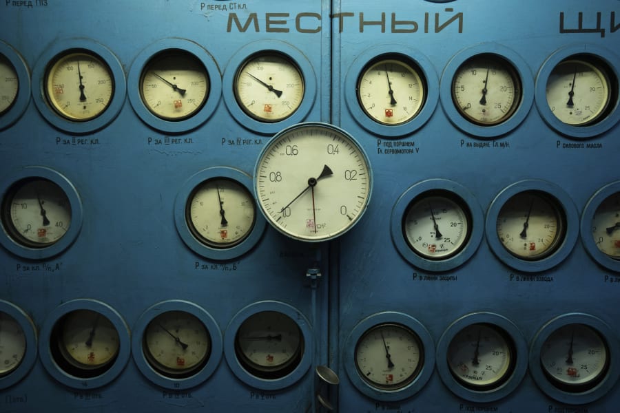 Pressure gauges are seen at a power plant in central Ukraine, Thursday, Jan. 5, 2023. When Ukraine was at peace, its energy workers were largely unheralded. War made them heroes. They're proving to be Ukraine's line of defense against repeated Russian missile and drone strikes targeting the energy grid and inflicting the misery of blackouts in winter. (AP Photo/Evgeniy Maloletka)