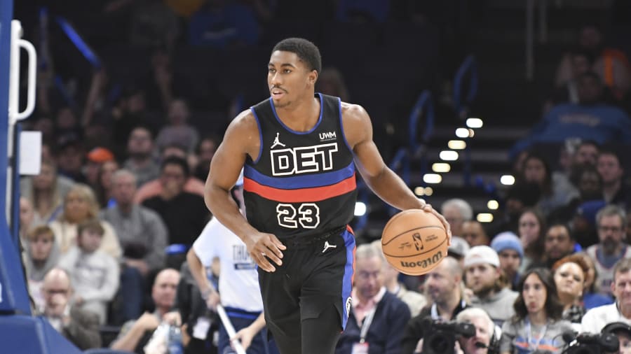 Detroit Pistons guard Jaden Ivey pushes down the court in the second half of an NBA basketball game, Monday, Oct. 30, 2023, in Oklahoma City. (AP Photo/Kyle Phillips)
