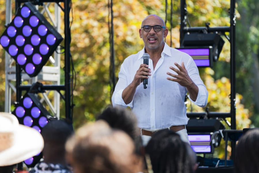 Harvey Mason Jr., CEO of The Recording Academy, speaks during a 50th anniversary celebration of hip-hop at the Vice President's residence, Saturday, Sept. 9, 2023, in Washington. (AP Photo/Manuel Balce Ceneta)